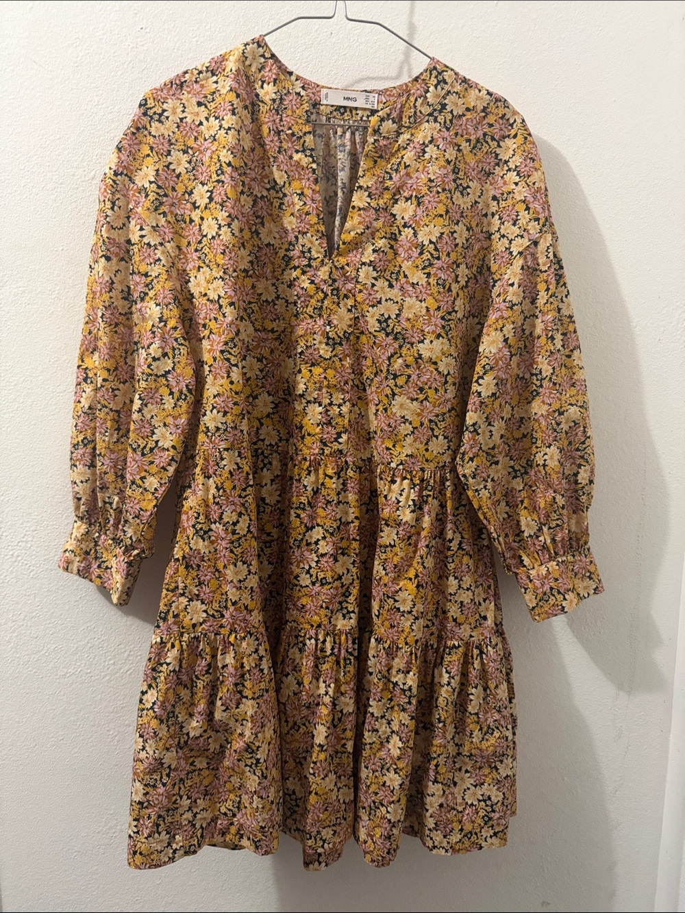 Mango Pink and Yellow Floral Tiered Mini Dress